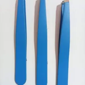 Three blue slant tip tweezers with stainless steel tips displayed on a white background