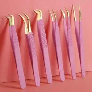 6-in-1 beauty tweezers set with pointed, straight and curved tips for eyelash application