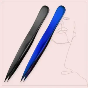 Two ultra-fine precision tweezers in black and blue metal finish on a light background