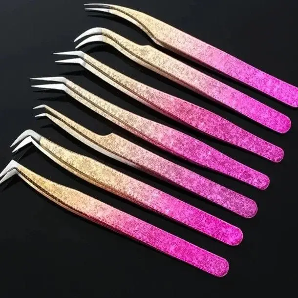 Pink and gold gradient curved precision tweezers set displayed on a black background for professional beauty use