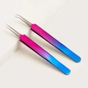 Angled precision tweezers with gradient pink and blue metal handle for electronics, crafts and beauty work