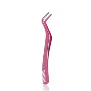 Pink curved angled precision tweezers with fine stainless steel tip for eyelash extension and detail work