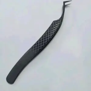 Matte black curved precision tweezers with textured grip for eyelash extension application